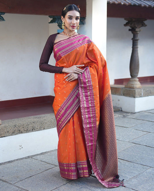 Orange Zari Buttas Vasundhara Lite Silk Mix Saree, Contrast Temple Traditional Border, Chakra Pallu, a Contrast Blouse