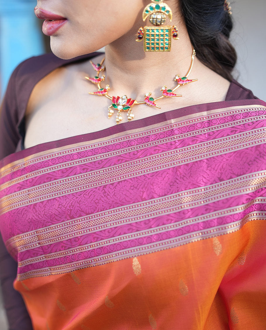 Orange Zari Buttas Vasundhara Lite Silk Mix Saree, Contrast Temple Traditional Border, Chakra Pallu, a Contrast Blouse
