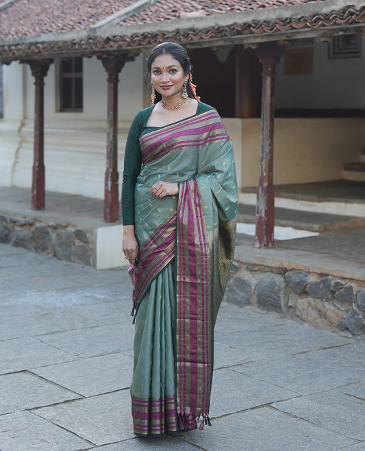 Green Zari Buttas Vasundhara Lite Silk Mix Saree, Contrast Temple Traditional Border, Chakra Pallu, a Contrast Blouse
