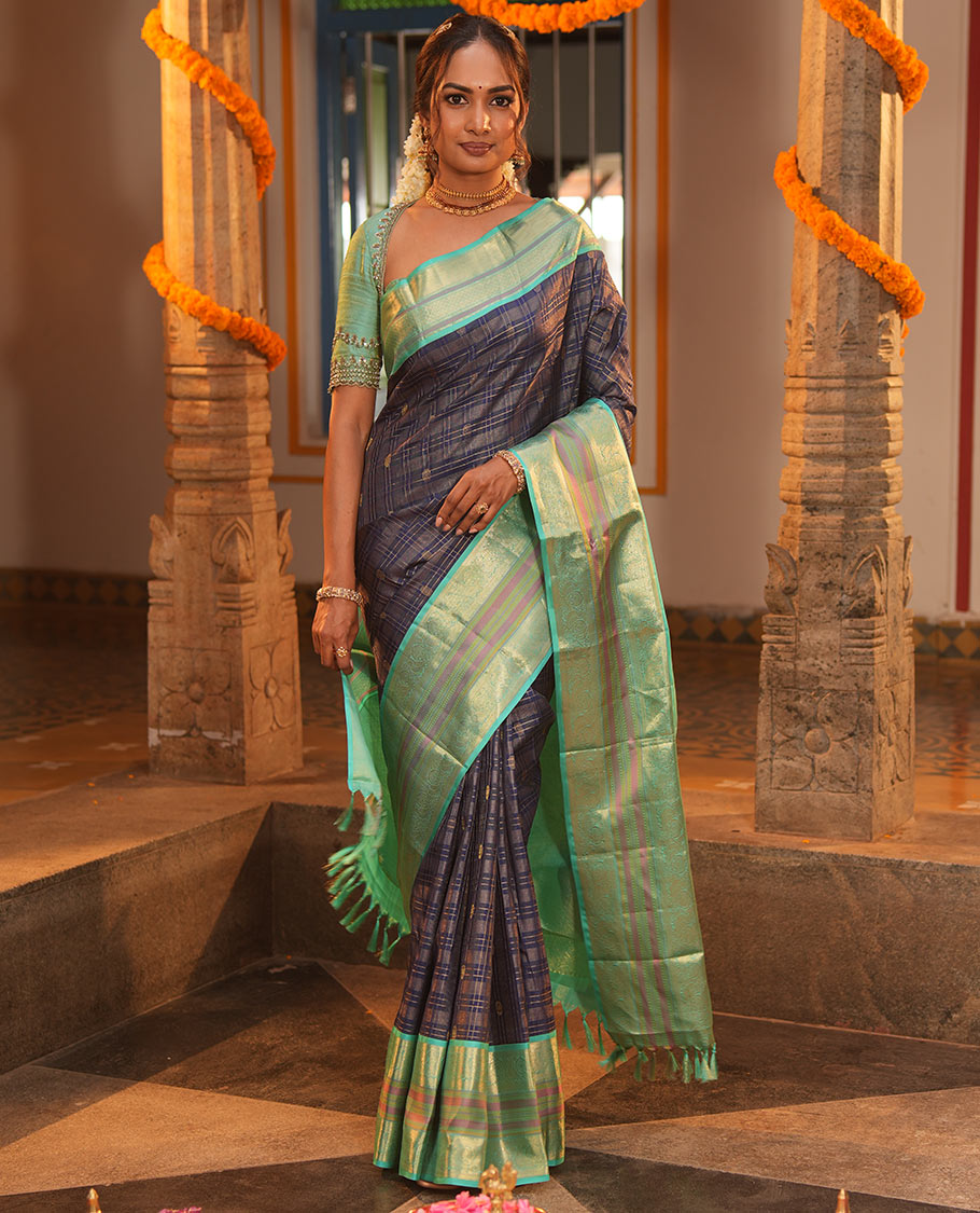 Blue Vasundhara Silk Saree, Adorned with Zari Buttas Enclosed Checks All Over Its Body, Complemented by a Contrast Border of Kathir, Muthu, and Rudraksham Designs, Grand Intricate Pallu, and Paired with a Contrast Blouse