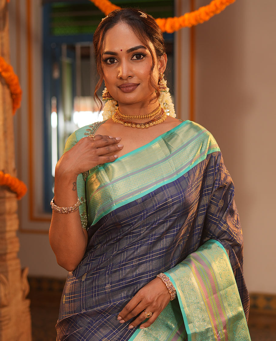 Blue Vasundhara Silk Saree, Adorned with Zari Buttas Enclosed Checks All Over Its Body, Complemented by a Contrast Border of Kathir, Muthu, and Rudraksham Designs, Grand Intricate Pallu, and Paired with a Contrast Blouse