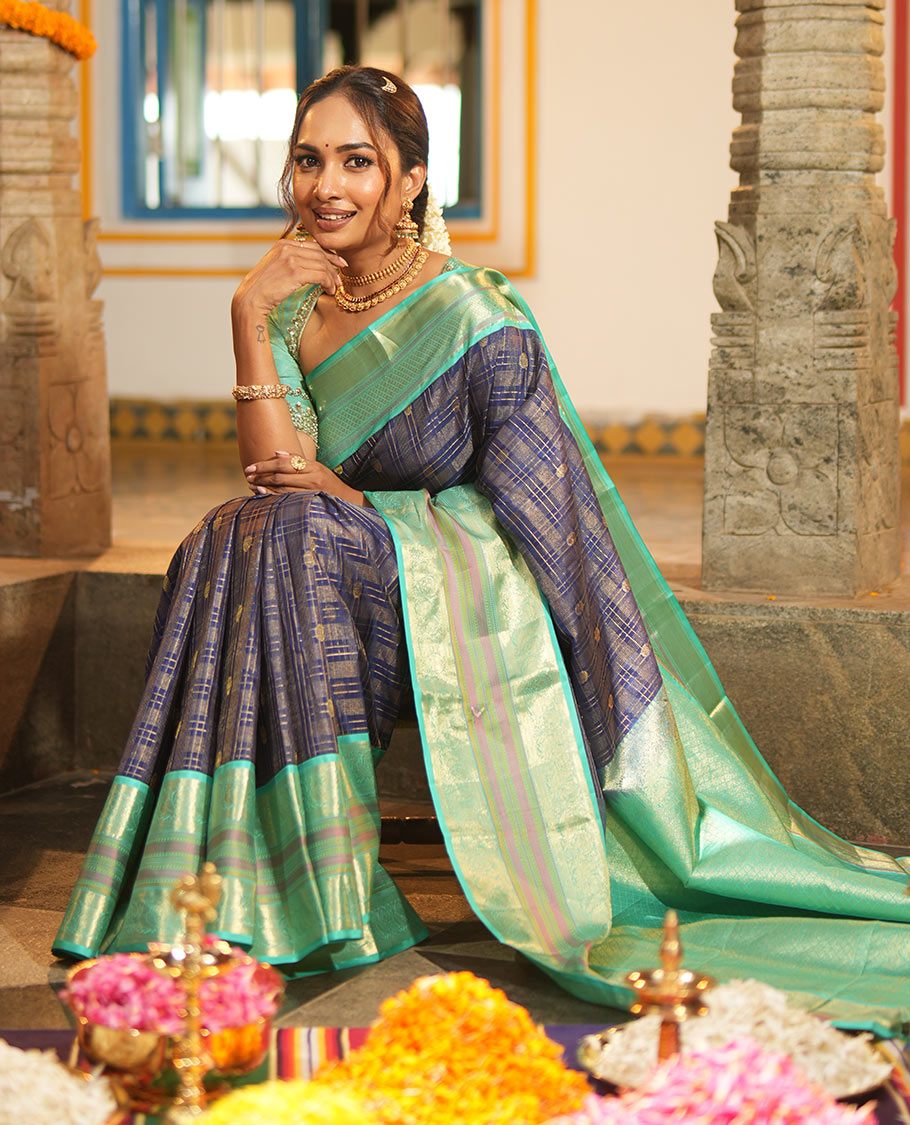 Blue Vasundhara Silk Saree, Adorned with Zari Buttas Enclosed Checks All Over Its Body, Complemented by a Contrast Border of Kathir, Muthu, and Rudraksham Designs, Grand Intricate Pallu, and Paired with a Contrast Blouse