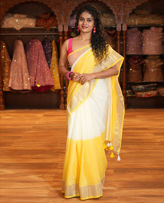 Cream and Yellow Plain Khadi Mul Cotton Saree Features a Gleaming Zari Bavanji Border, and a Contrast Yellow Plain Blouse
