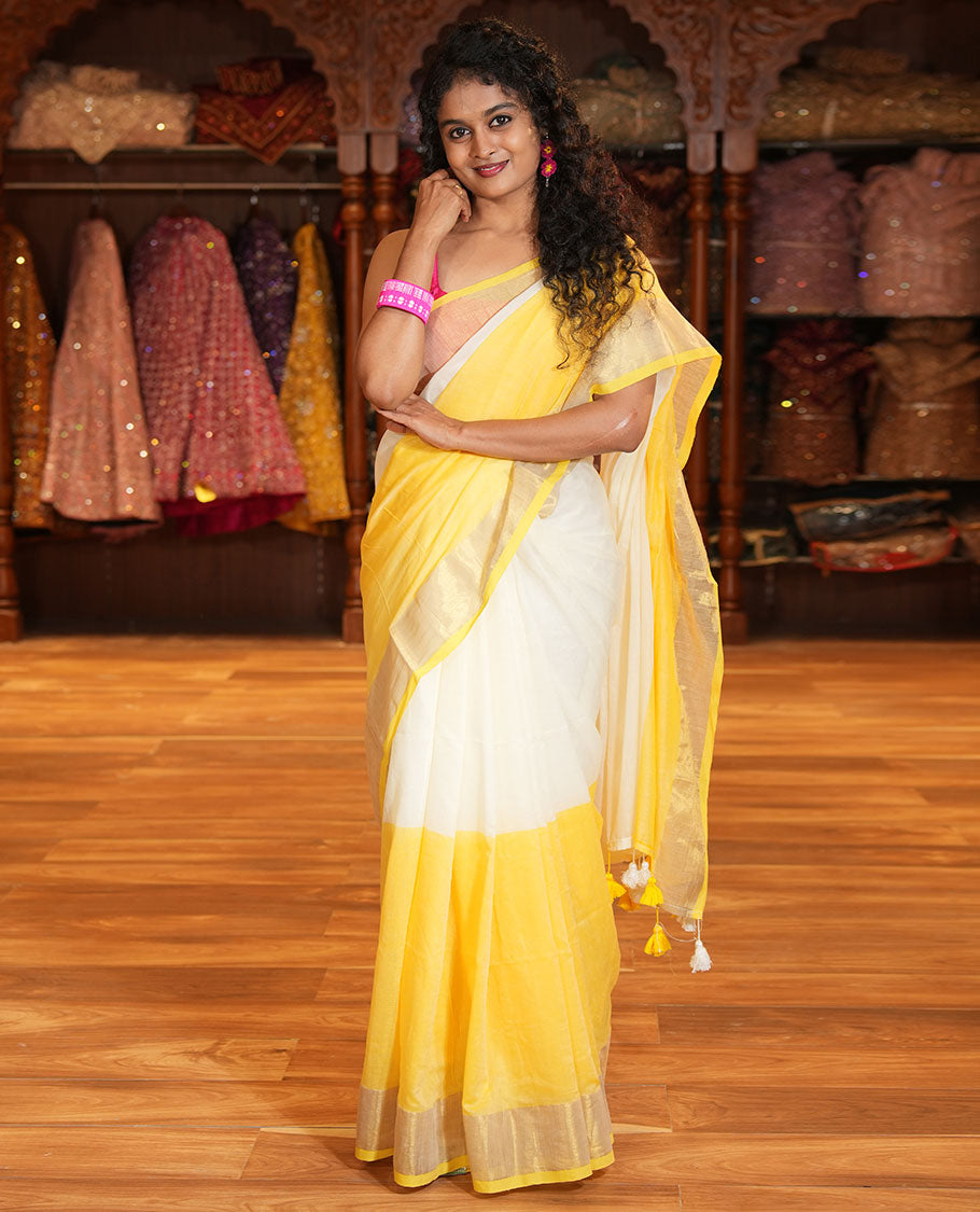 Cream and Yellow Plain Khadi Mul Cotton Saree Features a Gleaming Zari Bavanji Border, and a Contrast Yellow Plain Blouse