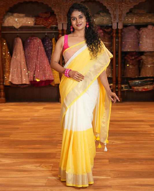 Cream and Yellow Plain Khadi Mul Cotton Saree Features a Gleaming Zari Bavanji Border, and a Contrast Yellow Plain Blouse