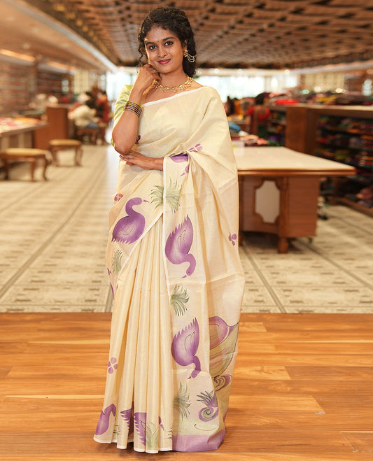 Gold-Violet Kerala Cotton Saree Subtly Sparked with Handblock-Printed Floral and Duck Motifs, Featuring a Self Pallu with Pond-Themed Handblock Prints, Paired with a Matching Plain Blouse