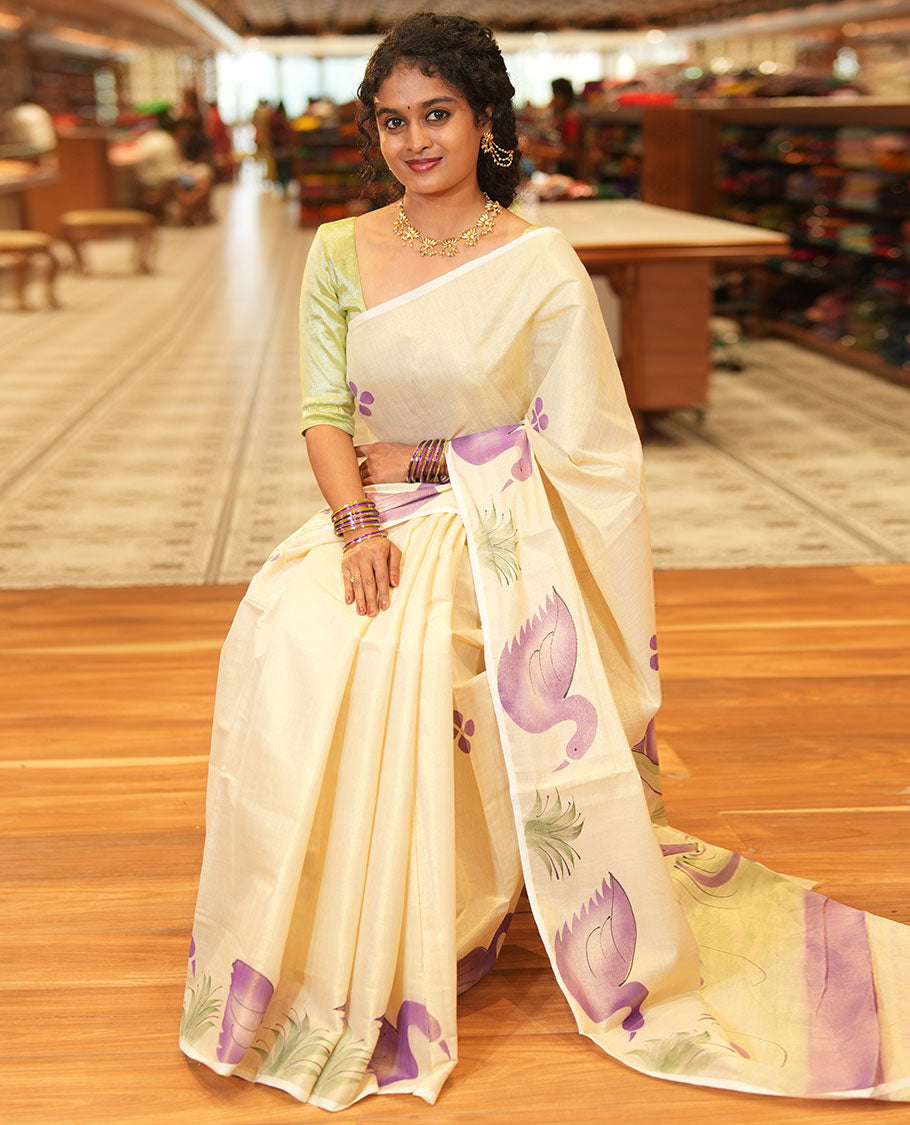 Gold-Violet Kerala Cotton Saree Subtly Sparked with Handblock-Printed Floral and Duck Motifs, Featuring a Self Pallu with Pond-Themed Handblock Prints, Paired with a Matching Plain Blouse