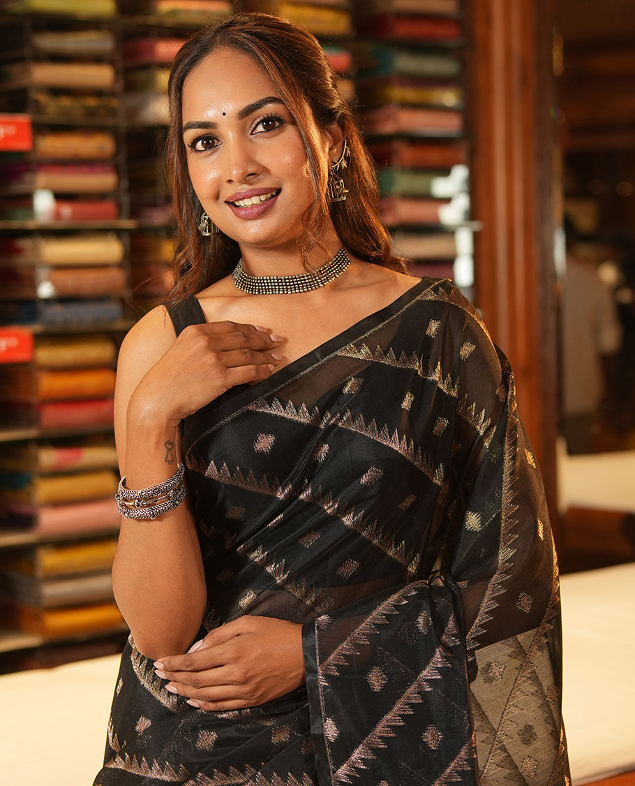 Borderless Black Chanderi Cotton Saree, Adorned with Zari Buttas and Temple Stripes on Its Body, Complemented by Contrast Pallu of Jaal Designs, and Paired with a Contrast Jacquard Blouse