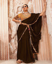 Brown Plain Designer Saree with Temple Lace Border, a Readymade Blouse, a Contrast Embroidered Belt, and a Pair of Free Embroidered Punjabi Shoes