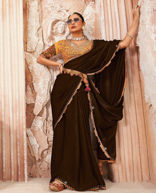 Brown Plain Designer Saree with Temple Lace Border, a Readymade Blouse, a Contrast Embroidered Belt, and a Pair of Free Embroidered Punjabi Shoes