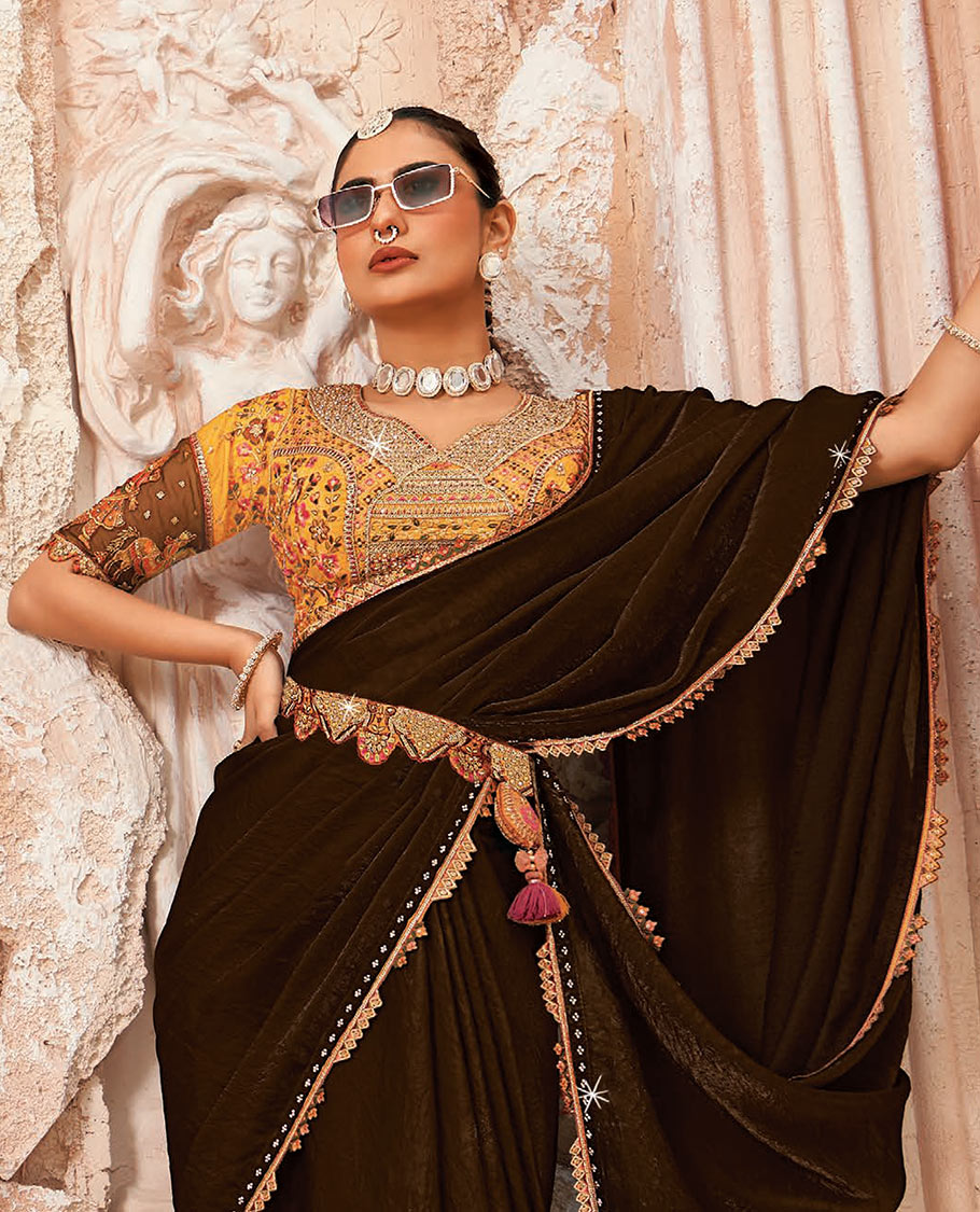 Brown Plain Designer Saree with Temple Lace Border, a Readymade Blouse, a Contrast Embroidered Belt, and a Pair of Free Embroidered Punjabi Shoes