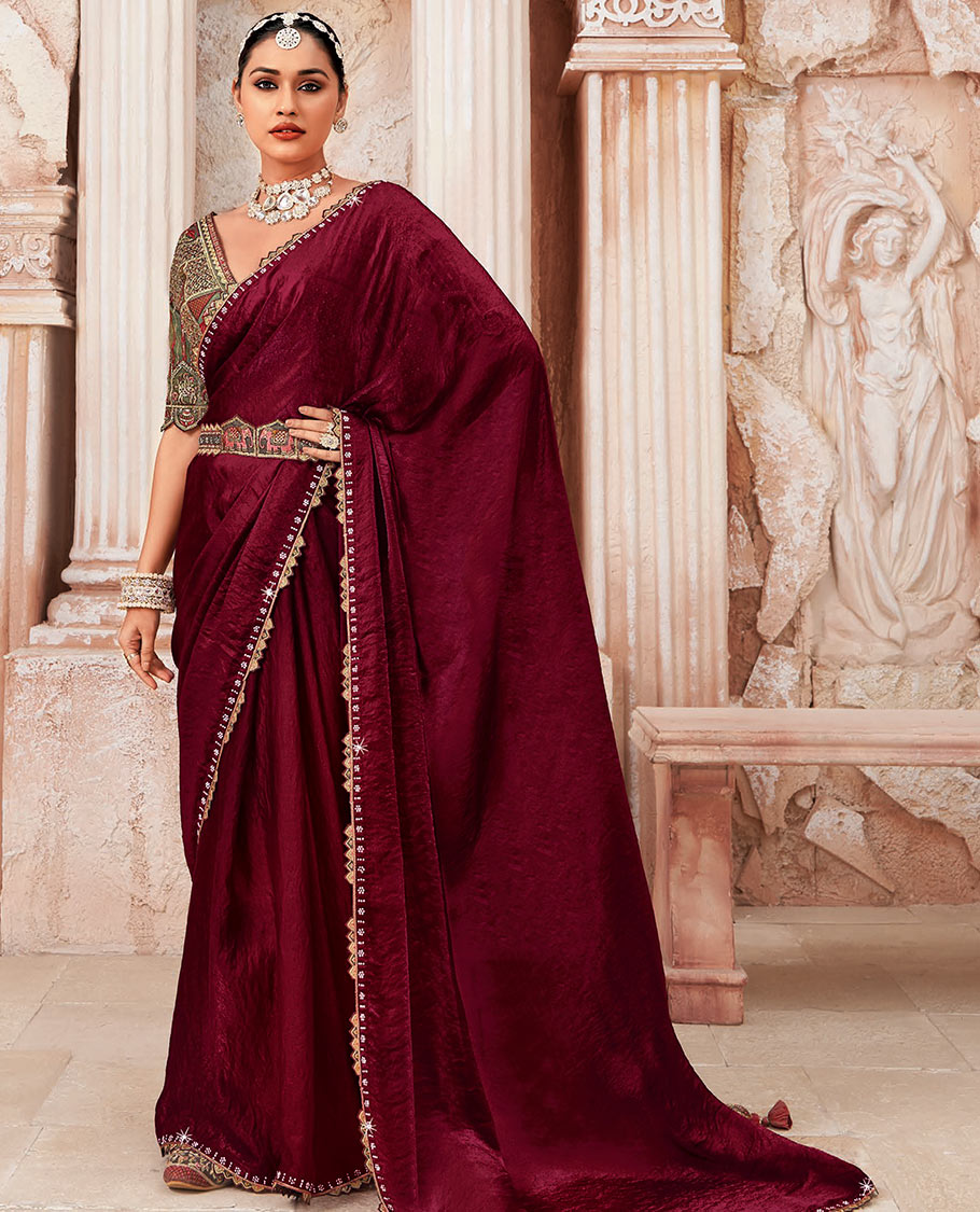 Burgundy Plain Designer Saree with Temple Lace Border, a Readymade Blouse, a Contrast Embroidered Belt, and a Pair of Free Embroidered Punjabi Shoes