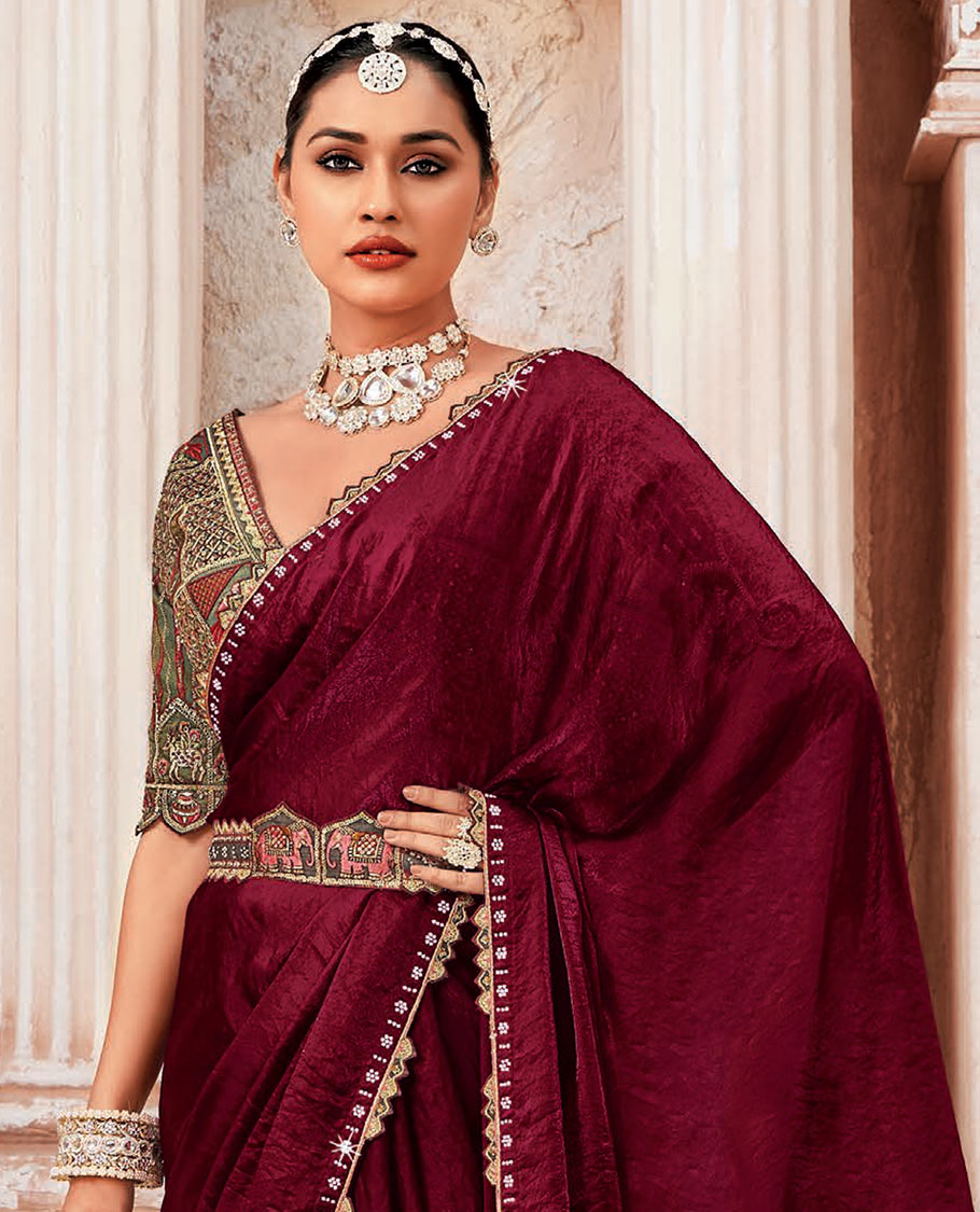 Burgundy Plain Designer Saree with Temple Lace Border, a Readymade Blouse, a Contrast Embroidered Belt, and a Pair of Free Embroidered Punjabi Shoes