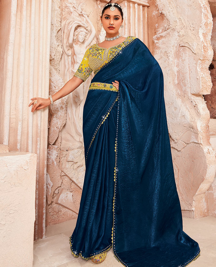 Blue Plain Designer Saree with Temple Lace Border, a Readymade Blouse, a Contrast Embroidered Belt, and a Pair of Free Embroidered Punjabi Shoes
