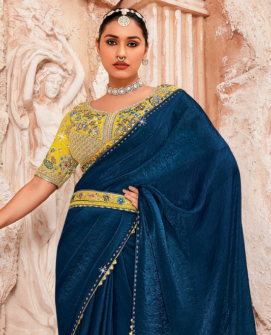 Blue Plain Designer Saree with Temple Lace Border, a Readymade Blouse, a Contrast Embroidered Belt, and a Pair of Free Embroidered Punjabi Shoes