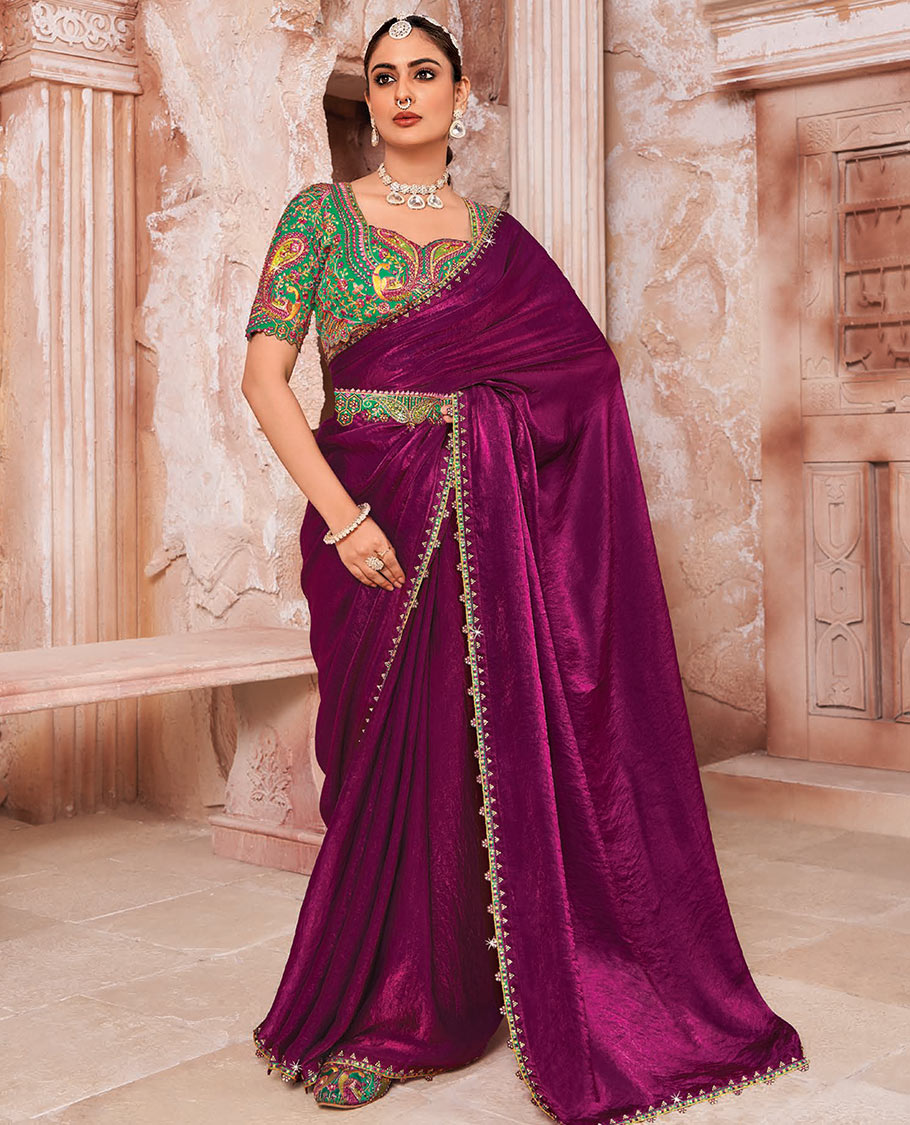 Purple Plain Designer Saree with Temple Lace Border, a Readymade Blouse, a Contrast Embroidered Belt, and a Pair of Free Embroidered Punjabi Shoes