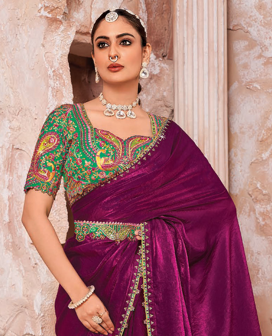 Purple Plain Designer Saree with Temple Lace Border, a Readymade Blouse, a Contrast Embroidered Belt, and a Pair of Free Embroidered Punjabi Shoes