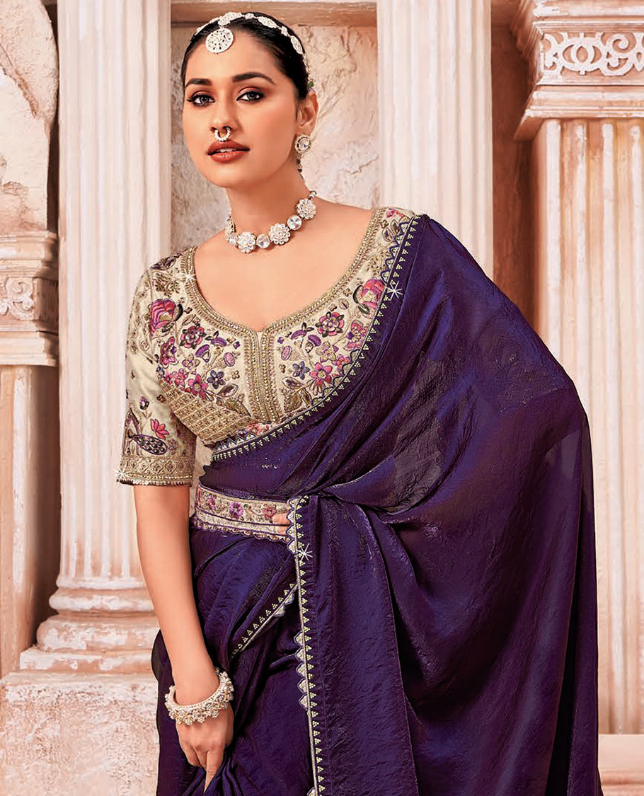 Violet Plain Designer Saree with Temple Lace Border, a Readymade Blouse, a Contrast Embroidered Belt, and a Pair of Free Embroidered Punjabi Shoes