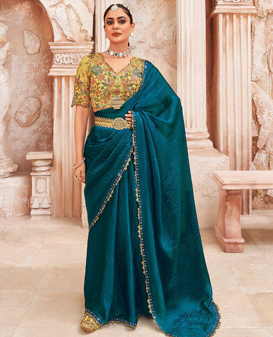 Peacock Blue Plain Designer Saree with Temple Lace Border, a Readymade Blouse, a Contrast Embroidered Belt, and a Pair of Free Embroidered Punjabi Shoes