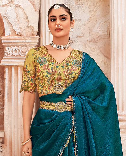 Peacock Blue Plain Designer Saree with Temple Lace Border, a Readymade Blouse, a Contrast Embroidered Belt, and a Pair of Free Embroidered Punjabi Shoes