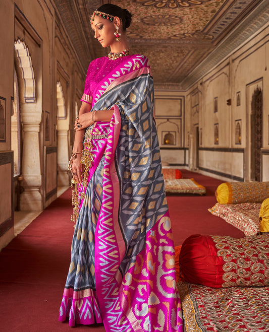 Grey ikkat jaal patterned fancy tussar designer catalog saree, contrast chevron ikkat border, and ikkat design pallu