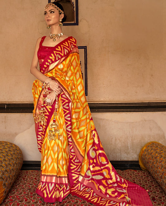 Orange ikkat jaal patterned fancy tussar designer catalog saree, contrast chevron ikkat border, and ikkat design pallu