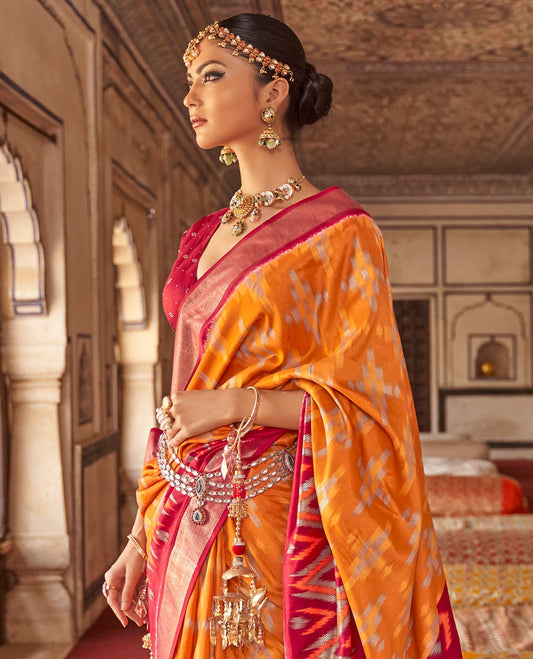 Orange checked ikkat designer fancy tussar catalog saree, contrast ikkat chevron border, and ikkat style woven pallu