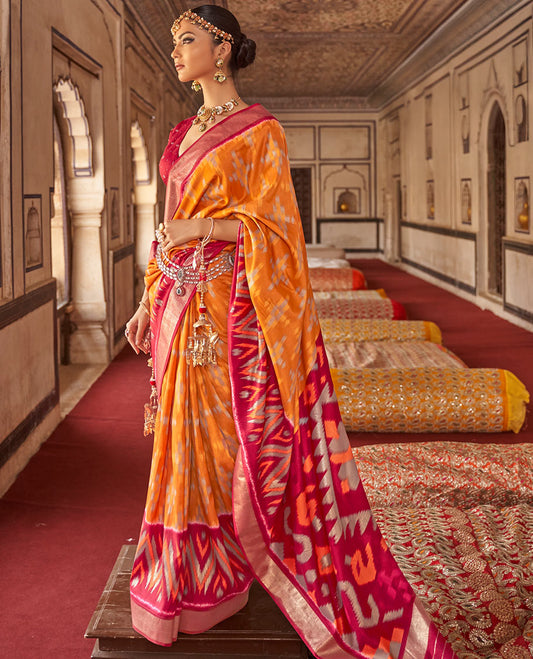 Orange checked ikkat designer fancy tussar catalog saree, contrast ikkat chevron border, and ikkat style woven pallu