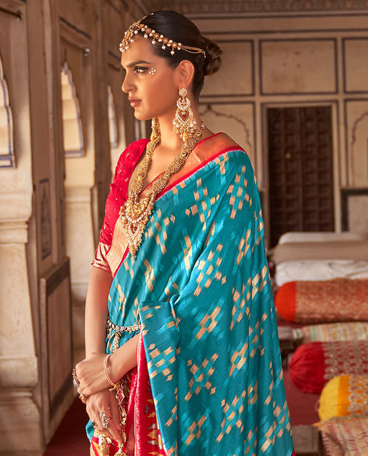 Blue checked ikkat designer fancy tussar catalog saree, contrast ikkat chevron border, and ikkat style woven pallu