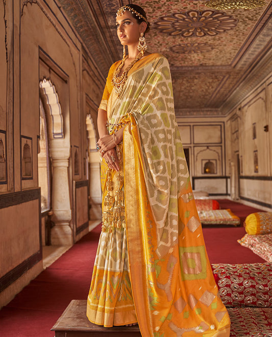 Grey-Yellow ikkat patterned designer catalog saree, contrast ikkat border, and ikat woven pallu