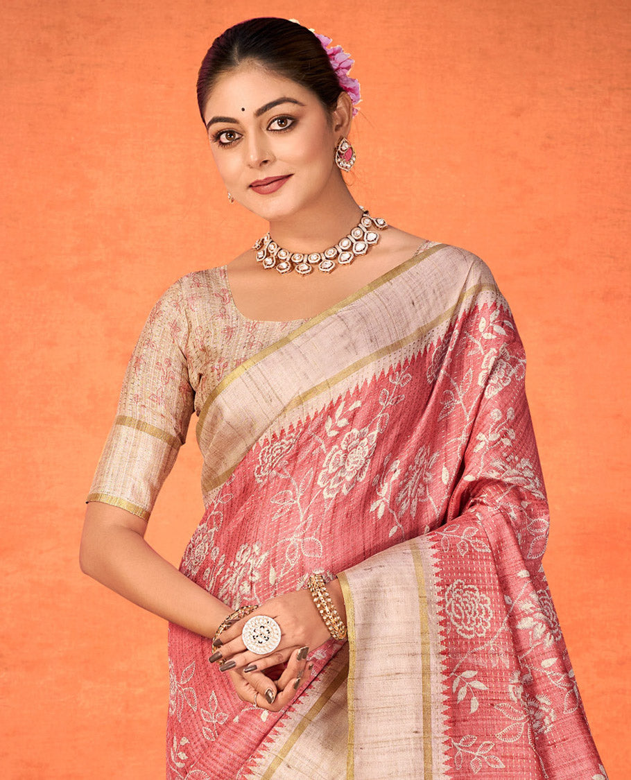 Pink Fancy Tussar Designer Saree, Adorned with Floral Vine Design, a Contrast Temple Border, a Contrast Pallu, and a Contrast Blouse