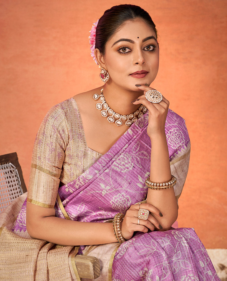 Purple Fancy Tussar Designer Saree, Elevated with Floral Vine Design, a Contrast Temple Border, a Contrast Pallu, and a Contrast Blouse