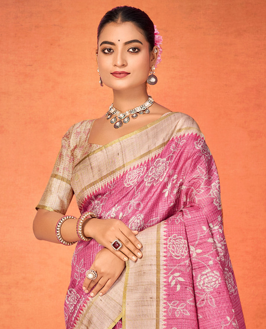 Pink Fancy Tussar Designer Saree, Embellished with Floral Vine Design, a Contrast Temple Border, a Contrast Pallu, and a Contrast Blouse