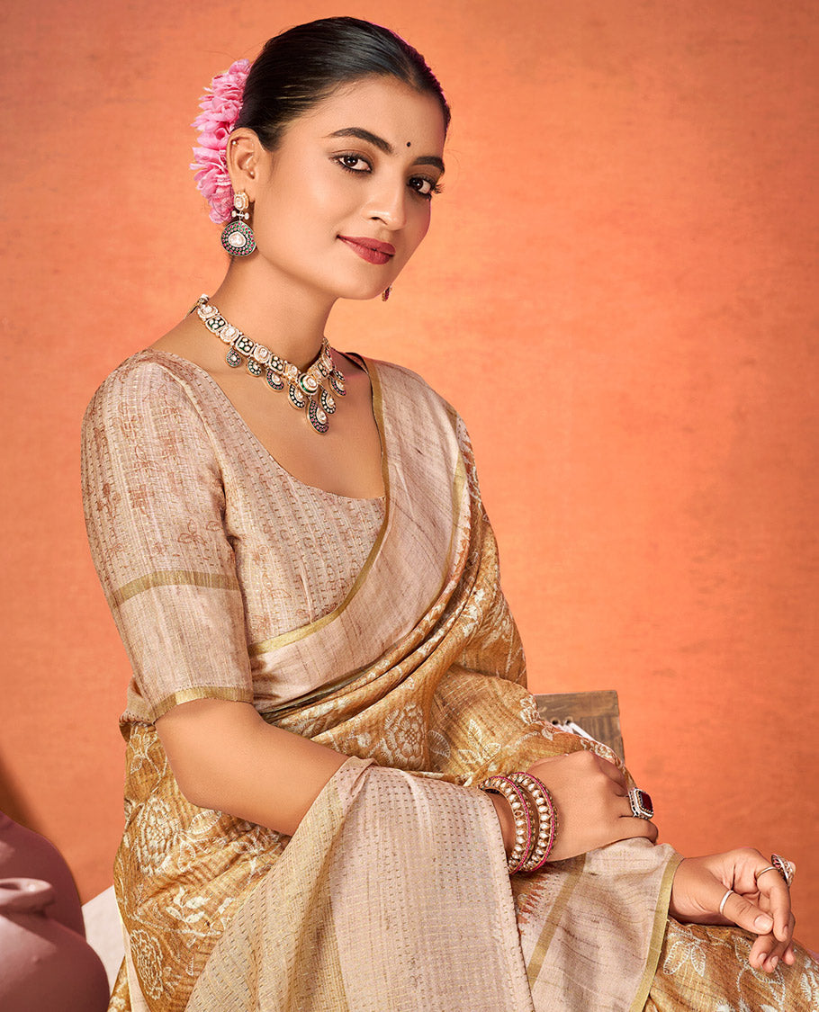 Sandal Fancy Tussar Designer Saree, Embellished with Floral Vine Design, a Contrast Temple Border, a Contrast Pallu, and a Contrast Blouse