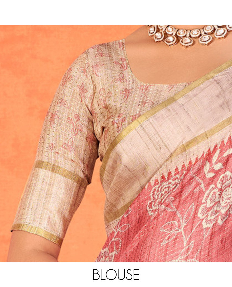 Pink Fancy Tussar Designer Saree, Adorned with Floral Vine Design, a Contrast Temple Border, a Contrast Pallu, and a Contrast Blouse