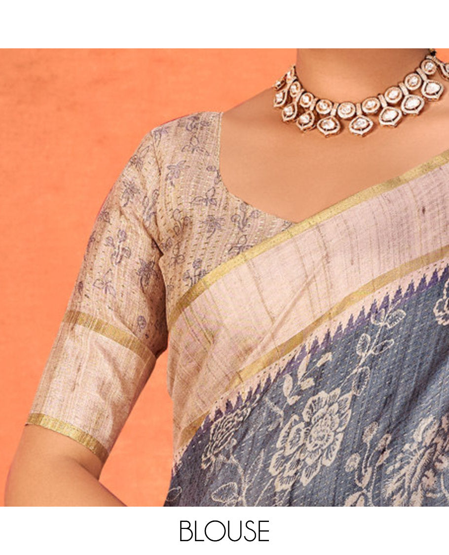 Grey Fancy Tussar Designer Saree, Accentuated with Floral Vine Design, a Contrast Temple Border, a Contrast Pallu, and a Contrast Blouse