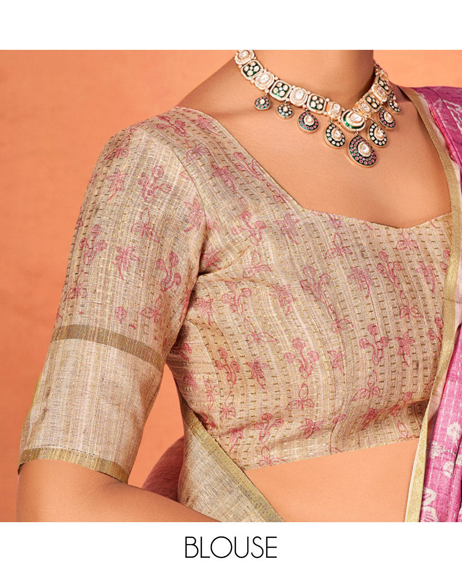 Pink Fancy Tussar Designer Saree, Embellished with Floral Vine Design, a Contrast Temple Border, a Contrast Pallu, and a Contrast Blouse
