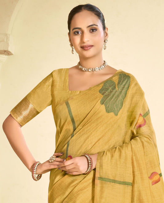 Sandal Linen Cotton Designer Catalog Saree, Beautified with Pichwai Lotus, a Piping Border, Pichwai Lotus Pallu, a Matching Blouse