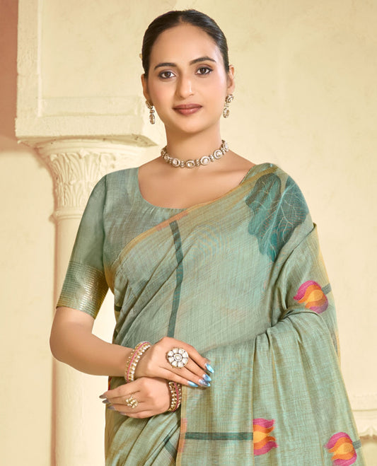 Green Linen Cotton Designer Catalog Saree, Beautified with Pichwai Lotus, a Piping Border, Pichwai Lotus Pallu, a Matching Blouse