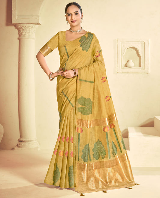 Sandal Linen Cotton Designer Catalog Saree, Beautified with Pichwai Lotus, a Piping Border, Pichwai Lotus Pallu, a Matching Blouse