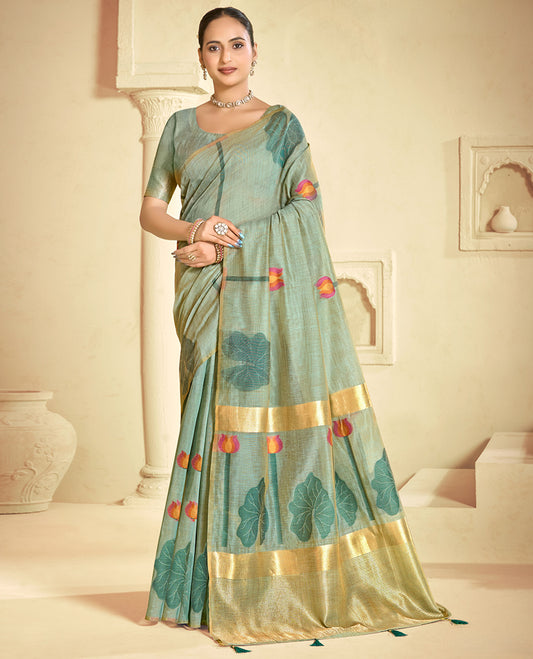 Green Linen Cotton Designer Catalog Saree, Beautified with Pichwai Lotus, a Piping Border, Pichwai Lotus Pallu, a Matching Blouse