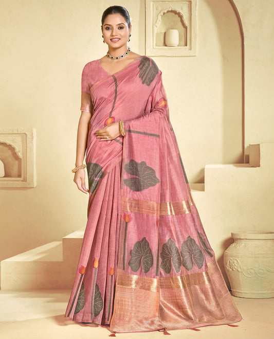 Pink Linen Cotton Designer Catalog Saree, Beautified with Pichwai Lotus, a Piping Border, Pichwai Lotus Pallu, a Matching Blouse