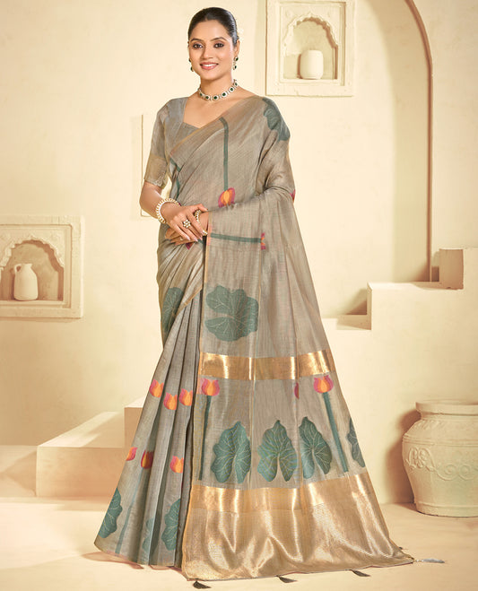 Grey Linen Cotton Designer Catalog Saree, Beautified with Pichwai Lotus, a Piping Border, Pichwai Lotus Pallu, a Matching Blouse