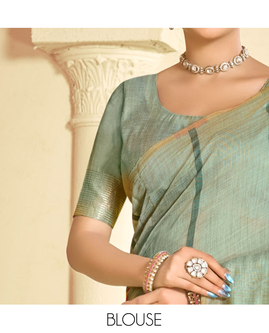Green Linen Cotton Designer Catalog Saree, Beautified with Pichwai Lotus, a Piping Border, Pichwai Lotus Pallu, a Matching Blouse