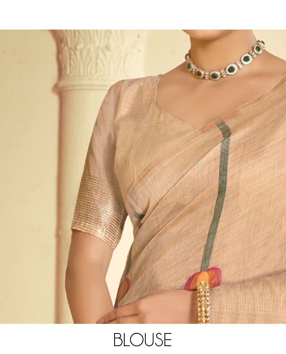 Beige Linen Cotton Designer Catalog Saree, Beautified with Pichwai Lotus, a Piping Border, Pichwai Lotus Pallu, a Matching Blouse