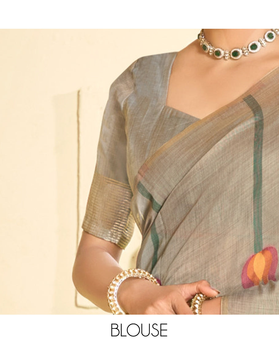 Grey Linen Cotton Designer Catalog Saree, Beautified with Pichwai Lotus, a Piping Border, Pichwai Lotus Pallu, a Matching Blouse