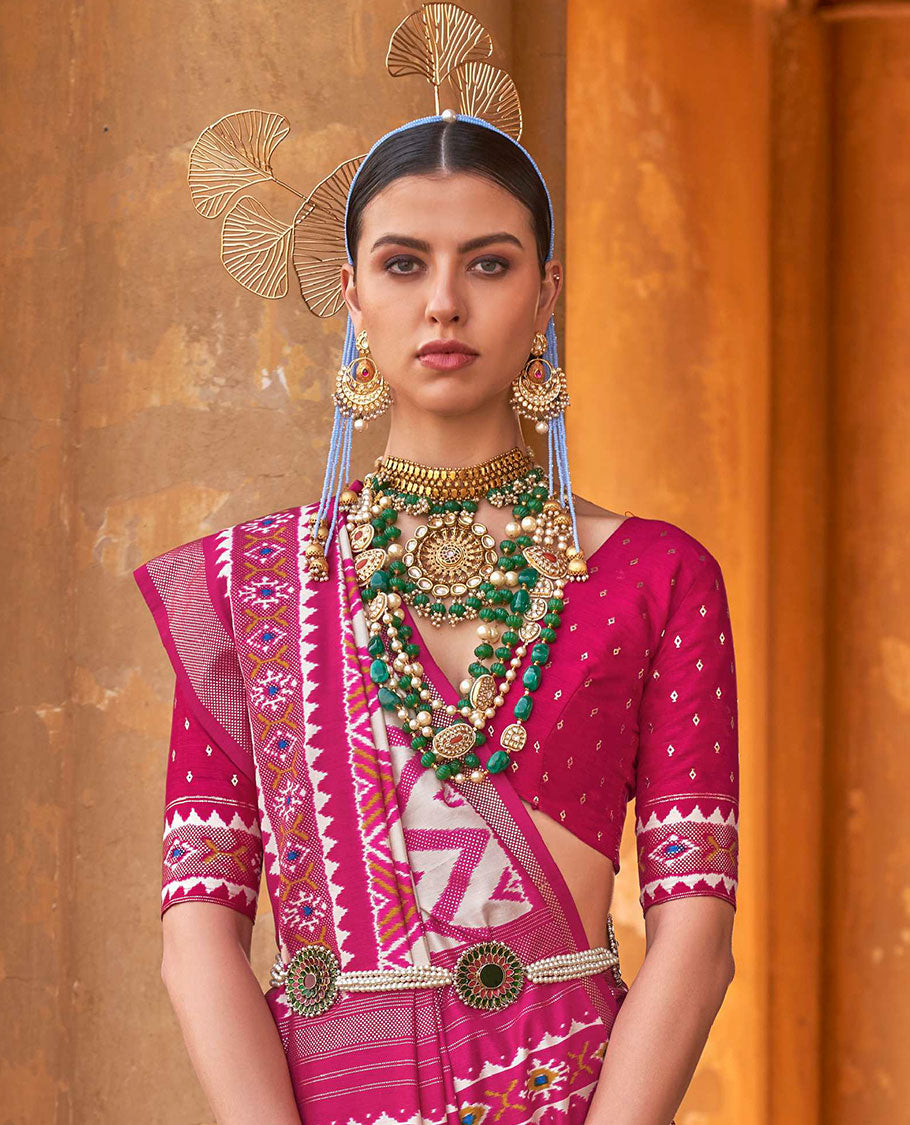 Cream and pink chevron stripes printed designer saree, geometric printed border, and ikkat design pallu