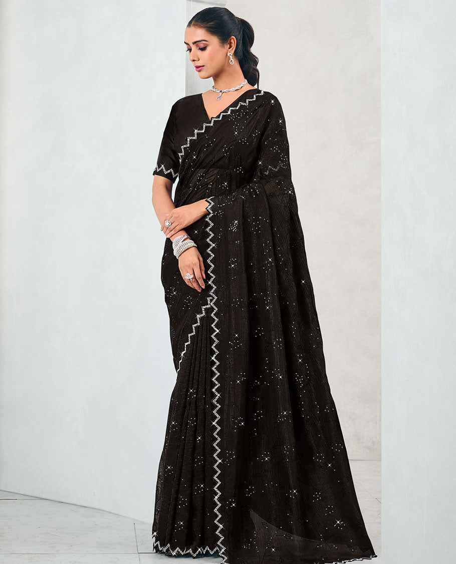 Black sequins embroidered designer saree, chevron design stone work, scallop border