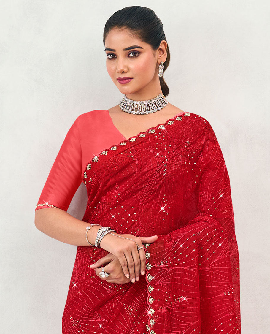 Red sequins embroidered designer saree, stone works scallop border