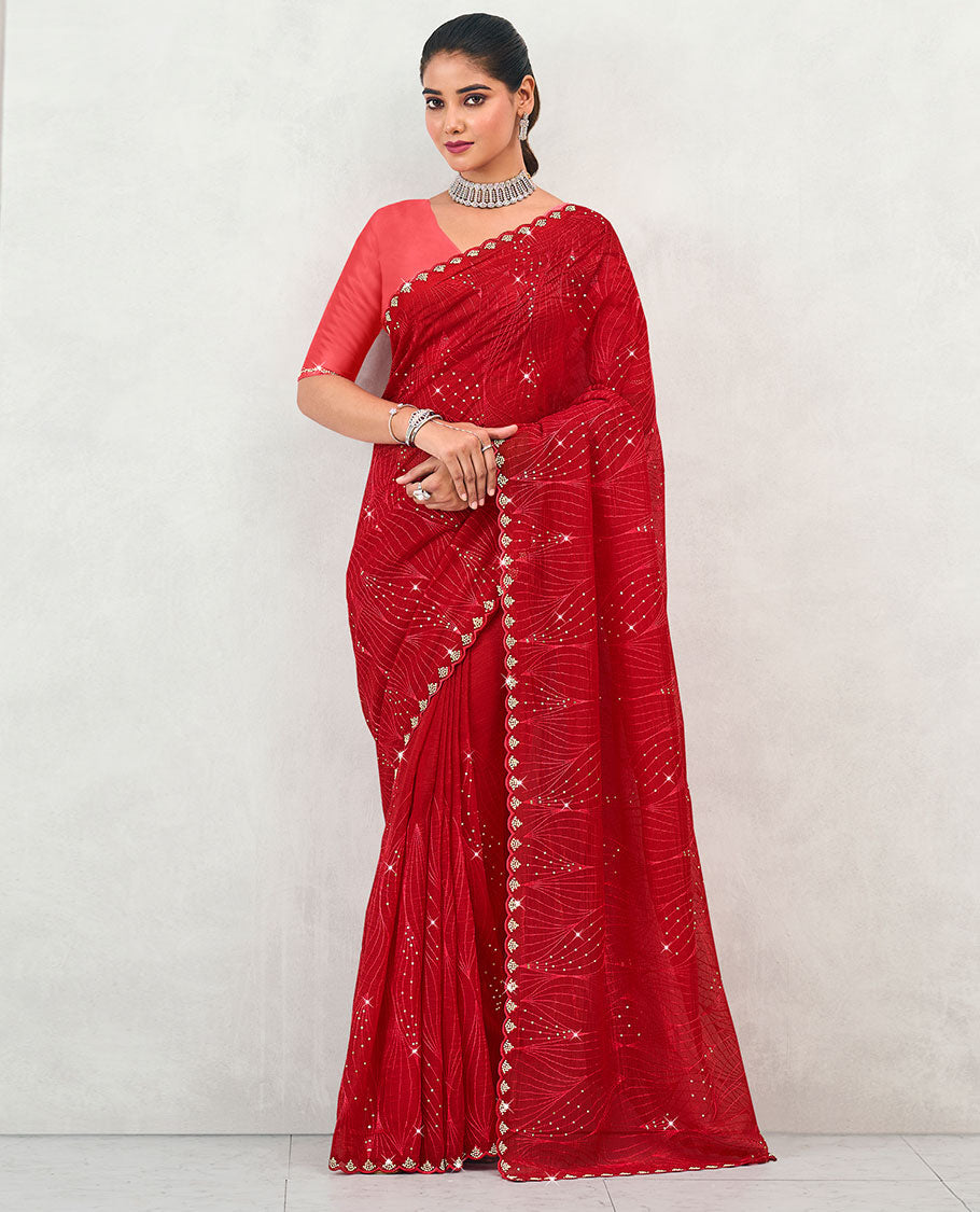 Red sequins embroidered designer saree, stone works scallop border